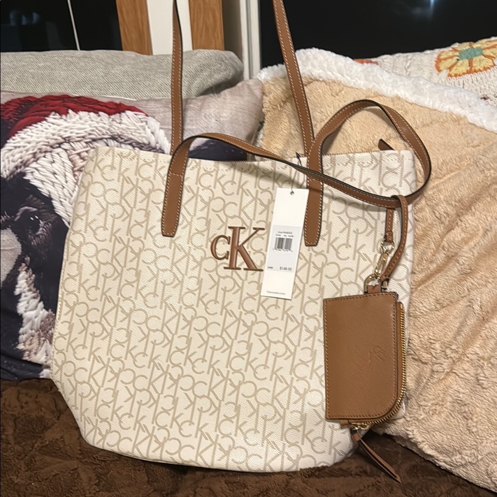 Calvin Klein Cream and Tan Monogram Tote